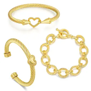Aprilery Gold-Tone Heart Link Cuff & Polished Chain Bracelet Set for Women Romantic Love Connection Mixed-Texture Stack Adjustable Cable Bracelet Duo