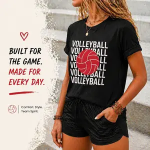 Women’s volleyball lover graphic T-shirt featuring repeated volleyball text print, crew neck, short sleeves, black tee for sports team game day outfits