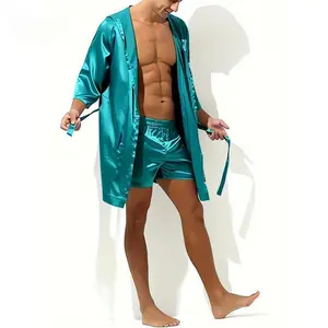 [Silk Fiber Robe] Two-Piece Set Men's Silk Fiber Hooded Robe + Shorts, Basic Long Summer Loungewear |         Minimalist Casual Robe |         Silk Pajamas for Men