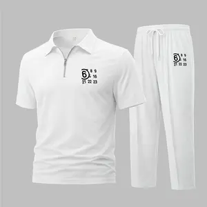 Men's Fun numbers Print Waffle Knit Polo Shirt and Athletic Pants Set, Short Sleeve Zip-Up Collar Two-Piece Outfit, Casual Sportswear, Lightweight Breathable Comfortable Daily Wear Travel Loungewear