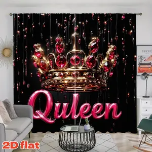 2D Flat 2Pcs Glamorous Golden Crown Pink Queen Letter Print Black Background Curtains, Rod Pocket Style, Semi Sunshade, for Home Living Room Bedroom Balcony Kitchen Study Decor, Anti-Privacy Window, Christmas Gift .
