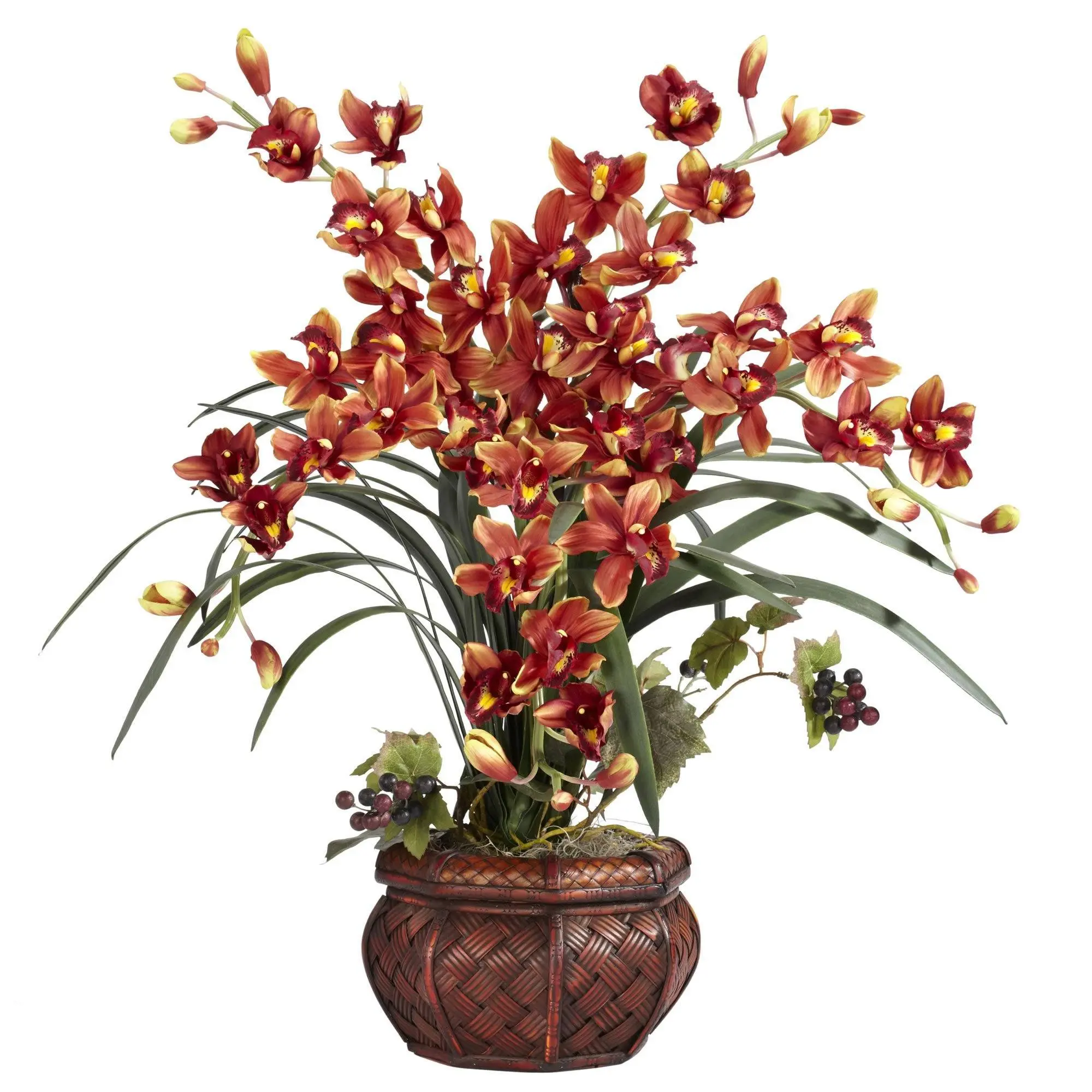 Multi-Colors Synthetic Cymbidium Floral Arrangement - With Decorative Vase-Pot, Faux Leaves - Home Decor Supplies, Gift Option