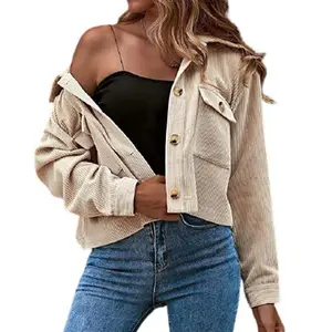 Women's Corduroy Cropped Shacket Y2K Vintage Button Front Jacket with Pockets Fall Winter Casual to Office Transition Essential for Layered Outfits Womenswear Bag Belt