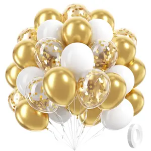 60 12-Inch Gold And White Balloons, Featuring White And Gold Balloons With Gold Metallic Sequins, Suitable For Graduation Ceremonies, Weddings, Engagements, And Birthday Party Decorations, Balloon Arch Decoration, Balloon Arch Backdrop