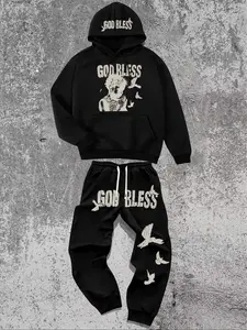 Men's Stylish Hoodie and Pants Set with Dove Lettering Trendy American Streetwear Casual Fashionable Slight Stretch Delicate Pockets