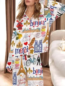 Paris Travel Inspired Pjs Set, Satin Sleepwear with Bonjour Merci Print, Eiffel Tower & Macaron Art | Romantic Christmas Gift for Family