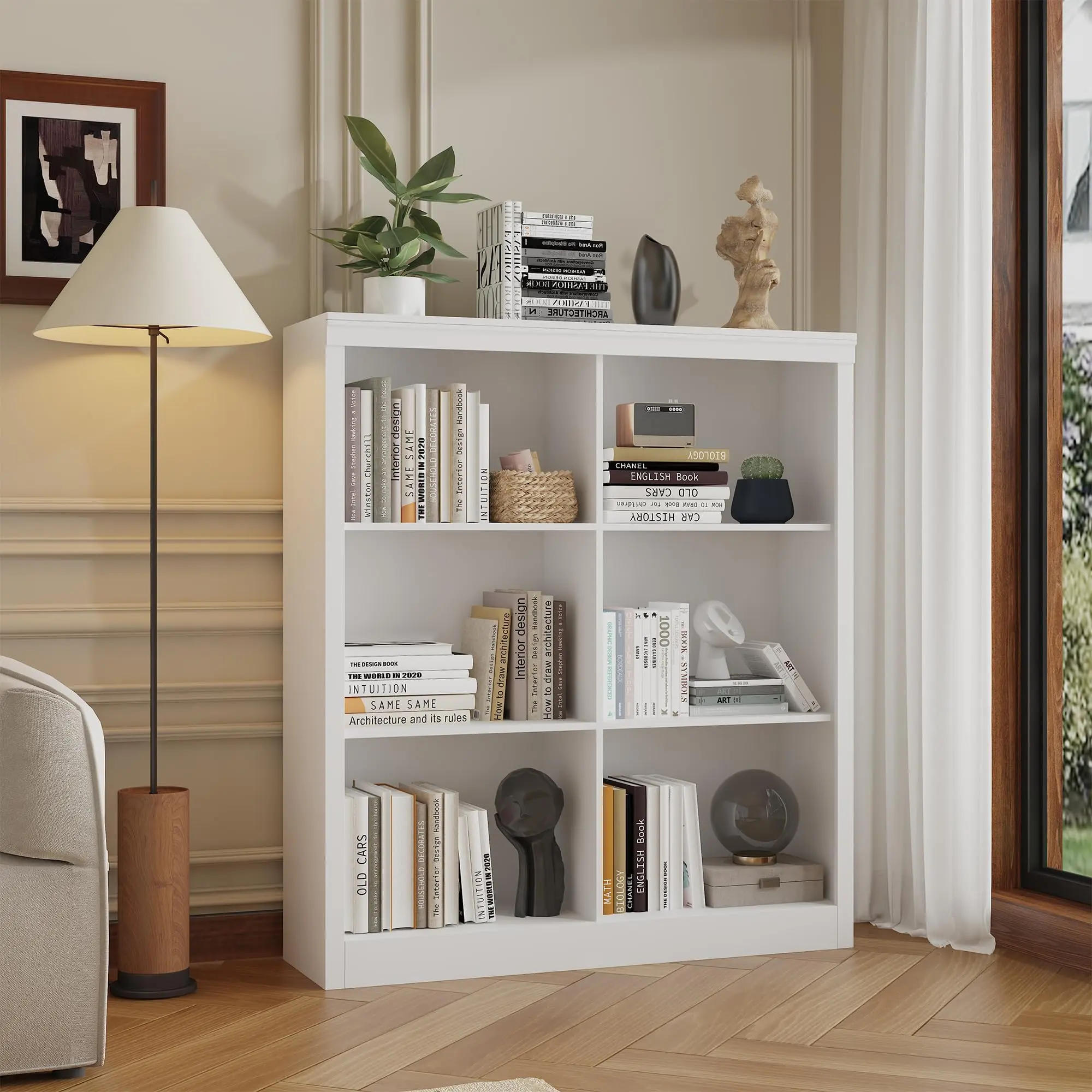 Garvee 6-Cube Storage Organizer Bookshelf, Farmhouse Wooden Bookcase with Open Shelves, Horizontal Standing Display Cabinet for Home Office, Living Room and Bedroom