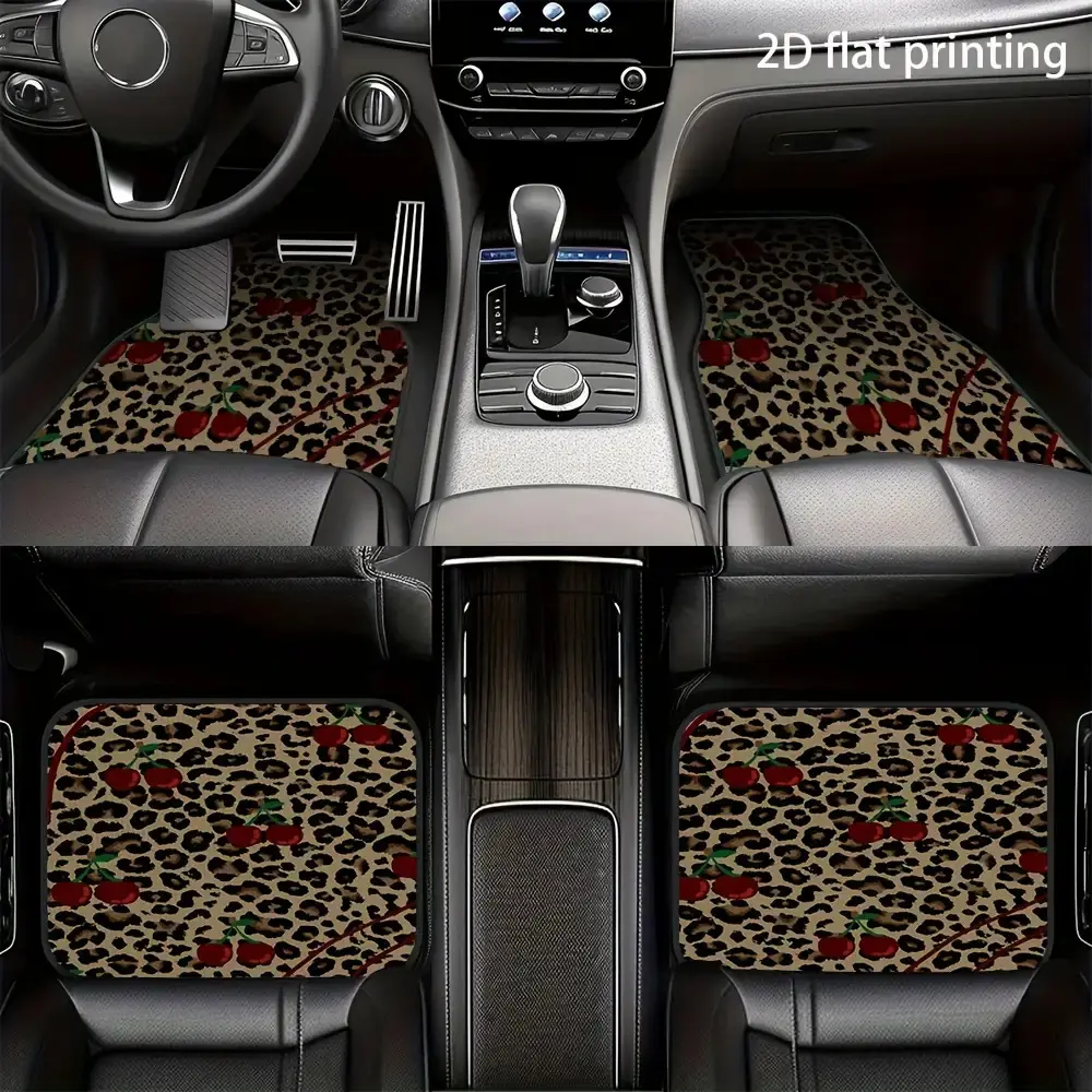 All-Weather Car Mats, Car Mats Set, Automotive Mats - Leopard Print and Cherry Red Design, Durable, Non-slip Backing, Suitable for Most Vehicles, Easy to Clean, Stylish Interior Accessory, Vehicle Floor Protection, Car Interior Accessories