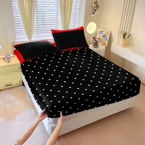 Black Background With White Polka Dots And Red-Black Contrasting Print Home Bedroom Non-Slip Fully Wrapped Fitted Sheet Three-Piece Set (1 Fitted Sheet 2 Pillowcases, No Filling) Light Luxury Texture, Simple And Versatile