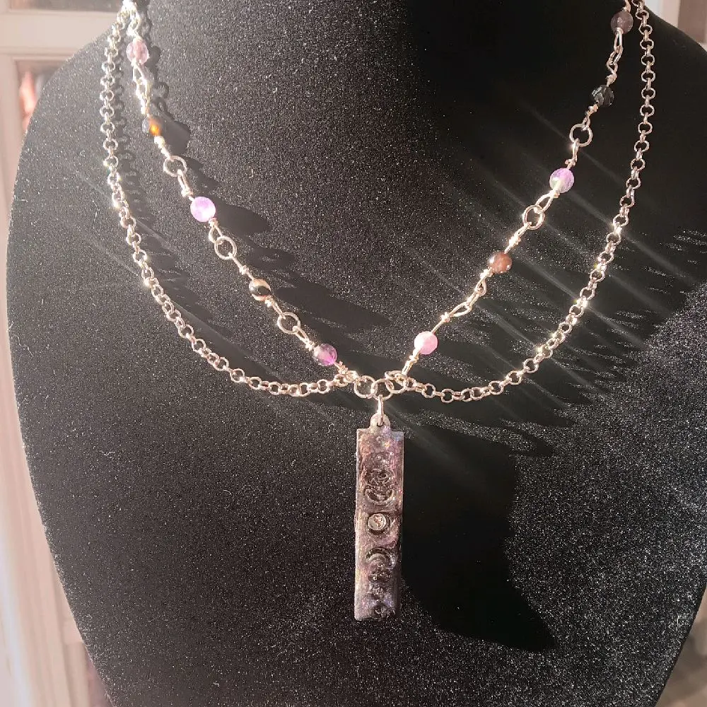 Lunar Phases Handmade Necklace - Layered Silver Chain with Purple Bead Accents & Hand-Painted Moon Phase Pendant for Celestial & Boho Looks