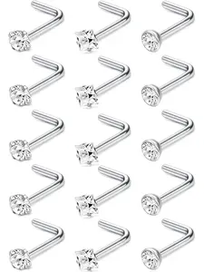 15pcs Minimalist Rhinestone Decor Nose Ring, L Shaped Screw Studs Rings, Stainless Steel Body Jewelry, Nose Piercing Jewelry for Men & Women