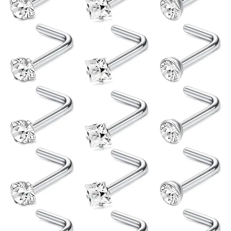 15pcs Minimalist Rhinestone Decor Nose Ring, L Shaped Screw Studs Rings, Stainless Steel Body Jewelry, Body Piercings, Nose Piercing Jewelry for Men & Women, Nose Rings Set