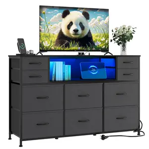 Garvee 10 Drawer Dresser with LED Lights, Wood Top, Open Shelves, Entertainment Center with Charging Station and Power Outlet, TV Stand for 40"-55" TVs, Chest of Drawers for Bedroom, Living Room, Hallway in Multiple Colors