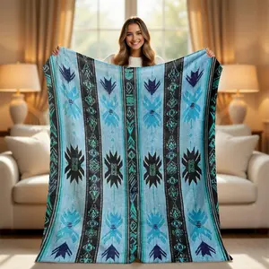 Southwestern Turquoise Aztec Throw Blanket - Vintage Tribal Geometric Western Print, Ultra Soft Cozy Plush Flannel Blanket for Couch, Bed & Camping Decor