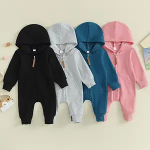 Newborn Baby Boy Girl Clothes Hooded Jumpsuit Solid Color Zip Up Long Sleeve Hoodie Romper Bodysuit Coverall Outfit