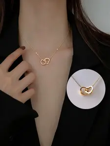 18k Rose Double Heart Interlocking Necklace, Titanium Steel Non-Tarnish, Hypoallergenic, Dainty Stackable Choker for Women