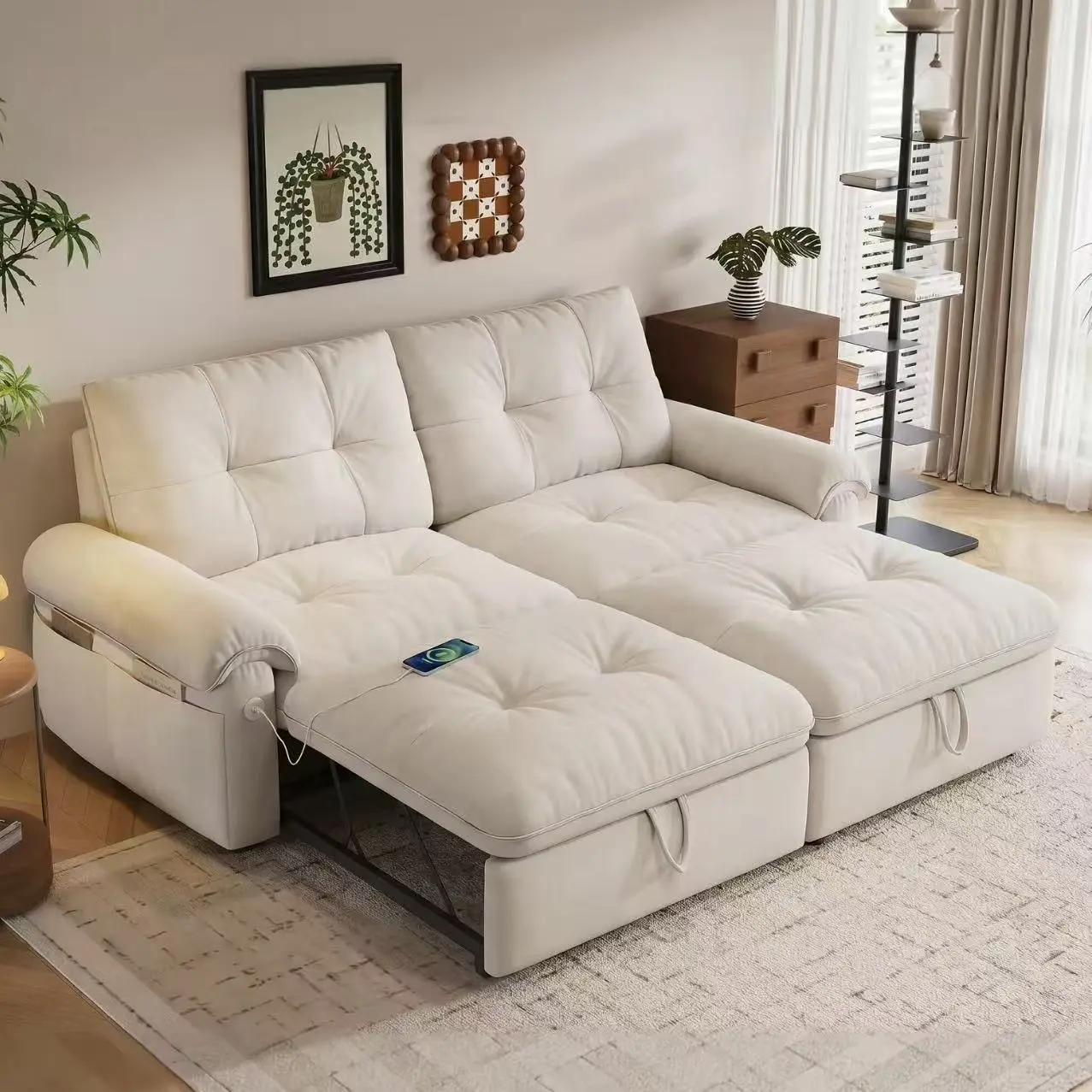 Queen Size 3-in-1 Convertible Velvet Sofa Bed, Adjustable Backrest Sleeper Couch with USB Ports & Side Storage Pocket, Multi-Functional Fold Out Sofa Bed for Small Spaces, Bedroom & Living Room