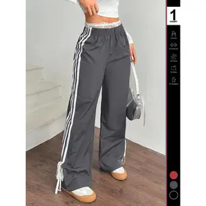 Women's Side Contrast Belt Elastic Waist Pants, Loose-Fitting Sporty Home Wear, All Seasons Comfortable Bottoms