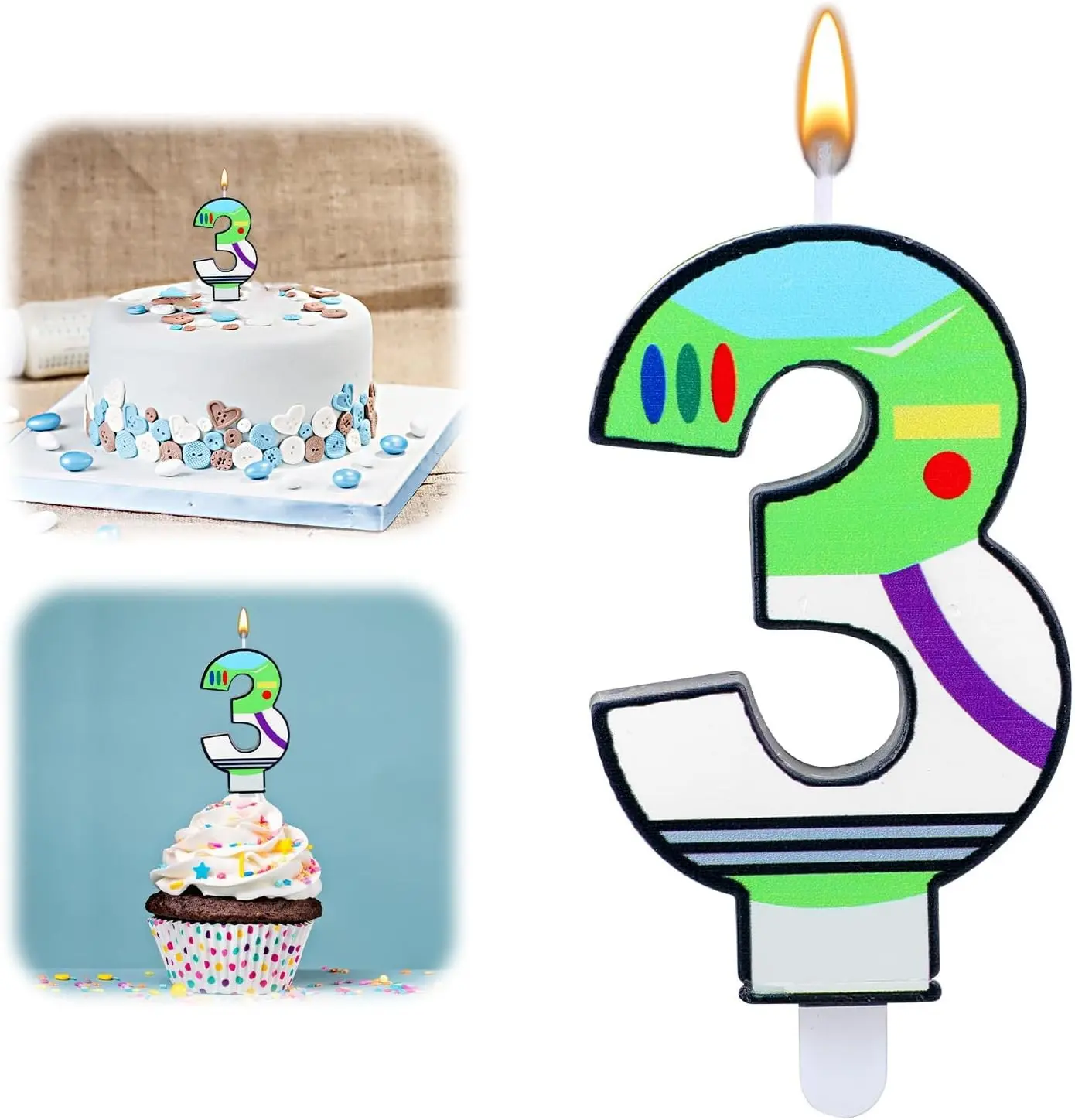 Cartoon Story Birthday Candle, Cartoon Cake Topper, Boys Girls Birthday Decorations Astronaut Robot Party Supplies (Number 3)