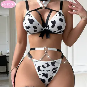Alluring Cow Pattern Halter Uniform Pure Desire Style Split Lingerie Set Soft Stretchy Fabric Comfort Slim Fit Eye Catching Stylish Nightwear Bedroom Wear Romantic Occasions Private Dates Fashion Women Outfit