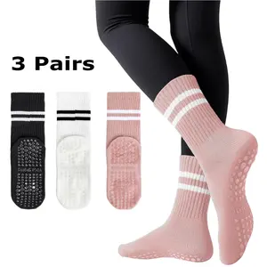 Pilates Grippy Socks for Women Striped Crew Cotton Cushioned Non-Slip Yoga Barre Workout Socks 3 Pairs