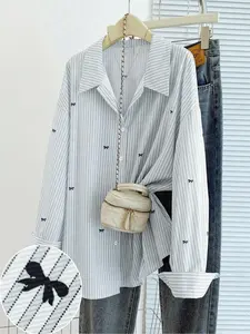 Women's Striped Bow Embroidered Shirt Blouse, Loose Fit Long Sleeve Casual Open Front Top, Commute/work/dating/photoshoot, Relaxed Atmosphere Sweet Style