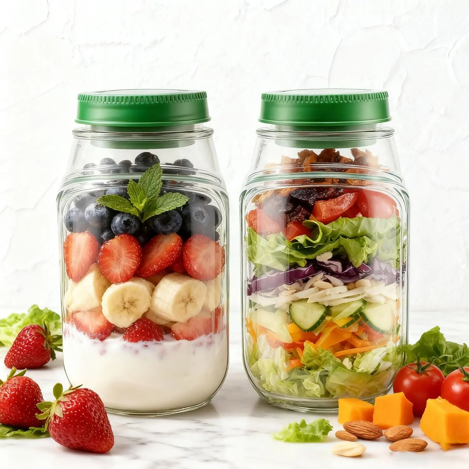 Reusable Transparent Leakproof Plastic Food Storage Container - Layered 7.5x3.5x4 Salad Jar with Side Opening, Dressing Cup, Convertible Lid-to-Bowl, Microwave/Dishwasher/Freezer Safe for Gym Adults (Green, 1-2pcs), Food Storage Contain