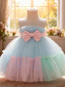 Flower girl's first birthday dress tutu skirt children's wedding dress princess dress birthday party colorful dress Colorblock dress Layered Tulle Dress Tulle Overlay Dress Frill Trim Bow