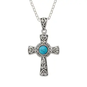 925 Sterling Silver 18" Oxidized Turquoise Vintage Cross Pendant Necklace