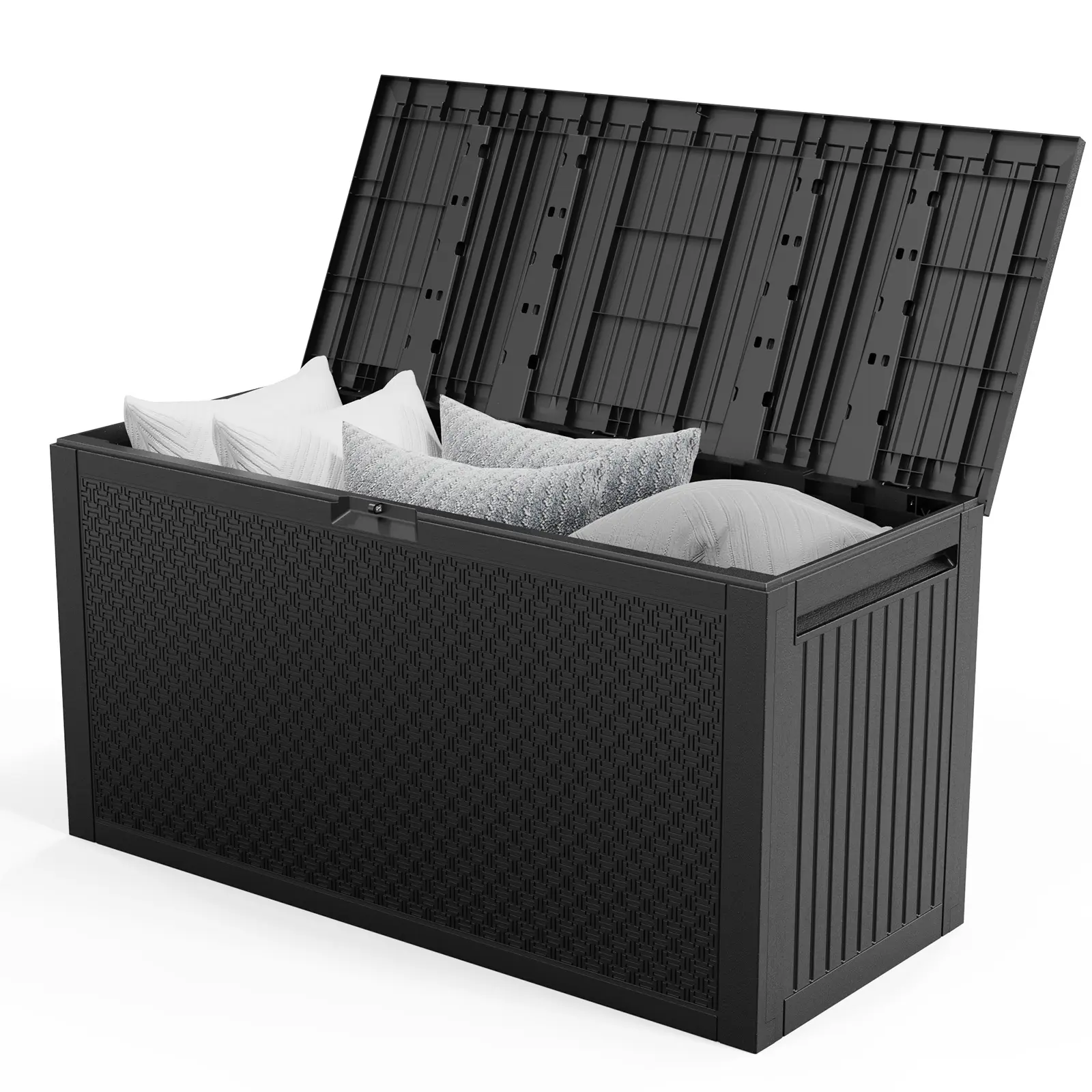 90gal Rectangle Outdoor Storage Deck Box Organiser - Durable Lockable Plastic Chest with Key Lock, Wheels, Weather-Resistant, 45.67x19.49x23.23 Inches for Garden Tools, Cushions