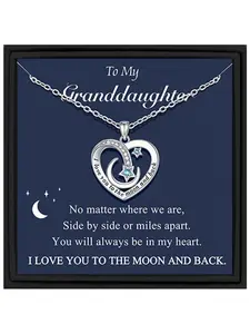 To My Granddaughter Heart Moon Pendant Necklace, I love you to the moon and back Romantic Jewelry Gifts for Granddaughter Heart Design Necklace Heart Shaped Necklace