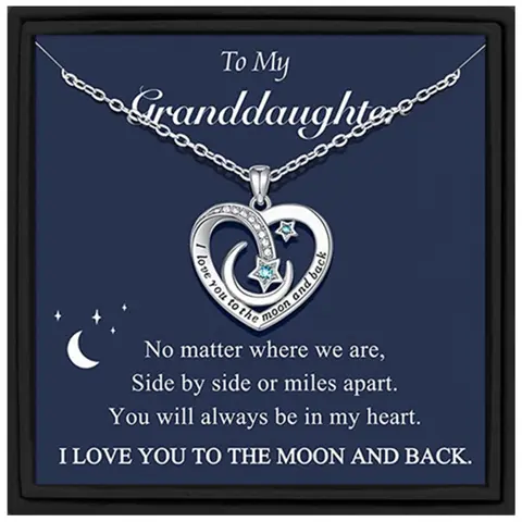 To My Granddaughter Heart Moon Pendant Necklace, I love you to the moon and back Romantic Jewelry Gifts for Granddaughter Heart Design Zirconia Inlaid Heart Necklace Heart Shaped Stainless Steel Chain Heart Pendant Necklaces