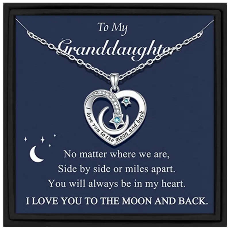 To My Granddaughter Heart Moon Pendant Necklace, I love you to the moon and back Romantic Jewelry Gifts for Granddaughter Heart Design Zirconia Inlaid Heart Necklace Heart Shaped Stainless Steel Chain Heart Pendant Necklaces