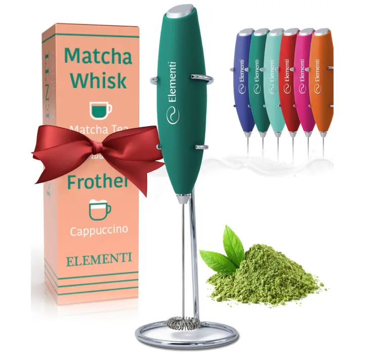 Elementi Matcha Whisk & Frother Set - Powerful Electric Matcha Mixer for Powder, Easy to Use Electric Whisk Kit - Craft Effortless Lattes with the Elementi Milk Frother Wand & Wisk (Emerald Green)