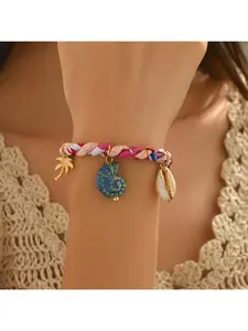 Colorful Thick Rope Clam Shell Bracelet, Ocean Series Seashell Pendant, Handwoven Wristband for Women, Boho Style, All Seasons