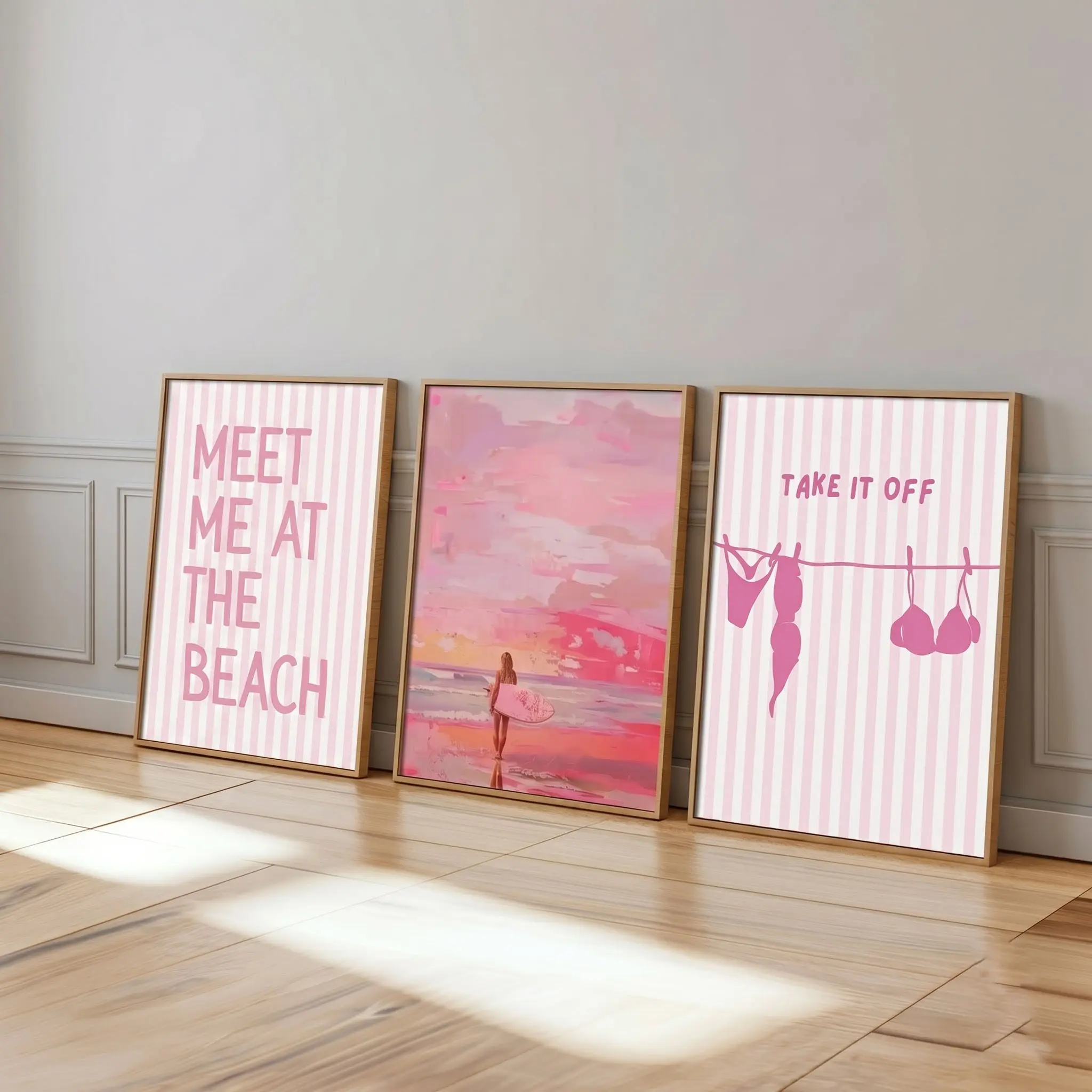 Set of 3 Pink Preppy Beach Poster Surf Girl Wall Art Striped Coastal Print Unframed