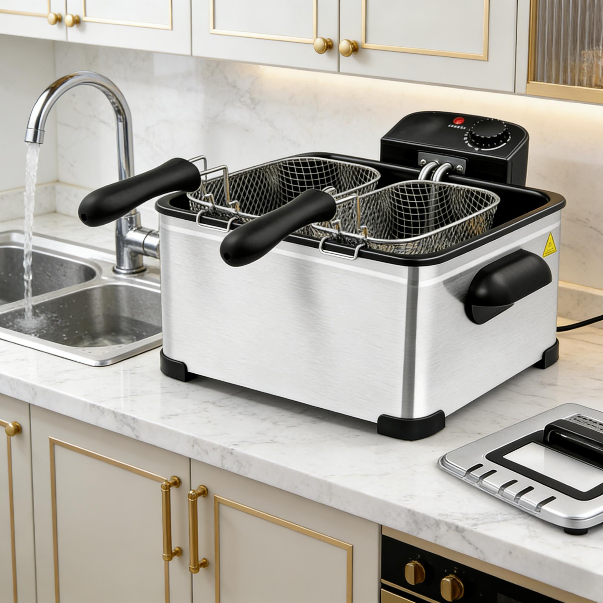 5L stainless steel, 1400 watt electric fryer, 1 large basket and 2 small baskets dual-use - classic stainless steel cookware with cold touch function, American standard three plug