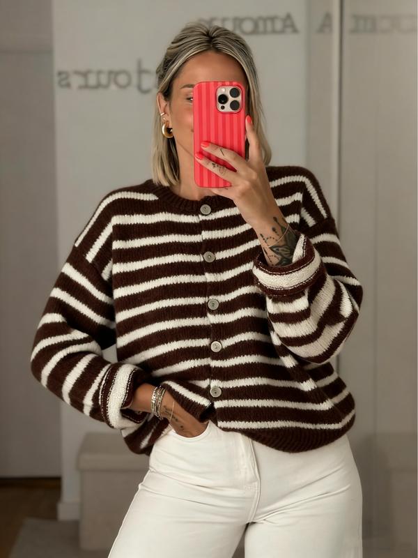 Women's Vintage Striped Cardigan Knitwear, Casual Daily Wear, Perfect for Dates & Shopping, Ideal for Spring/Autumn/Winter Seasons