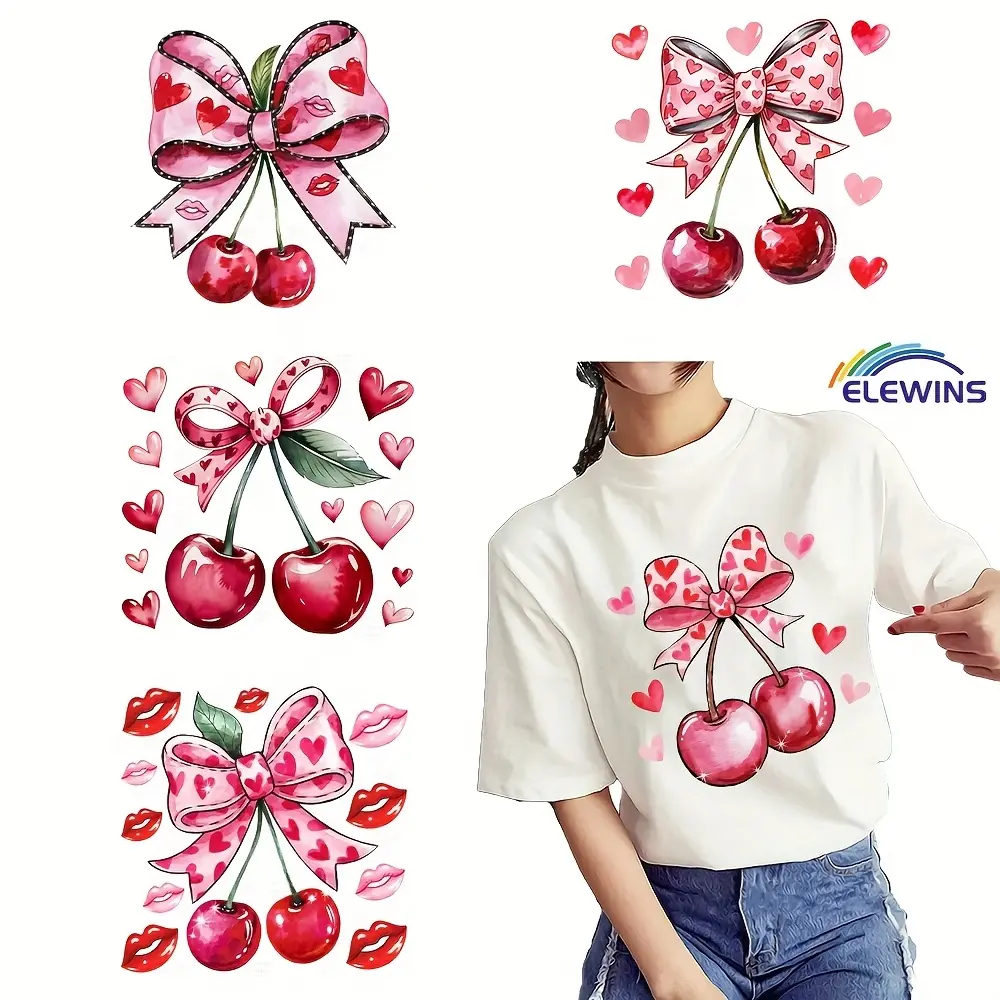 Valentine's Day Cherry Bow Iron-On Patches, Heart Polka Dot Stripe Lip Bow Design, Washable Plastic Transfer Stickers for T-Shirts Jeans Masks Backpacks, Vibrant Playful Personalization, DIY Decoration