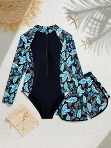 Teen Girls' Tropical Rash Guard Set, Long Sleeve Front Zipper Bikini for Sun Protection