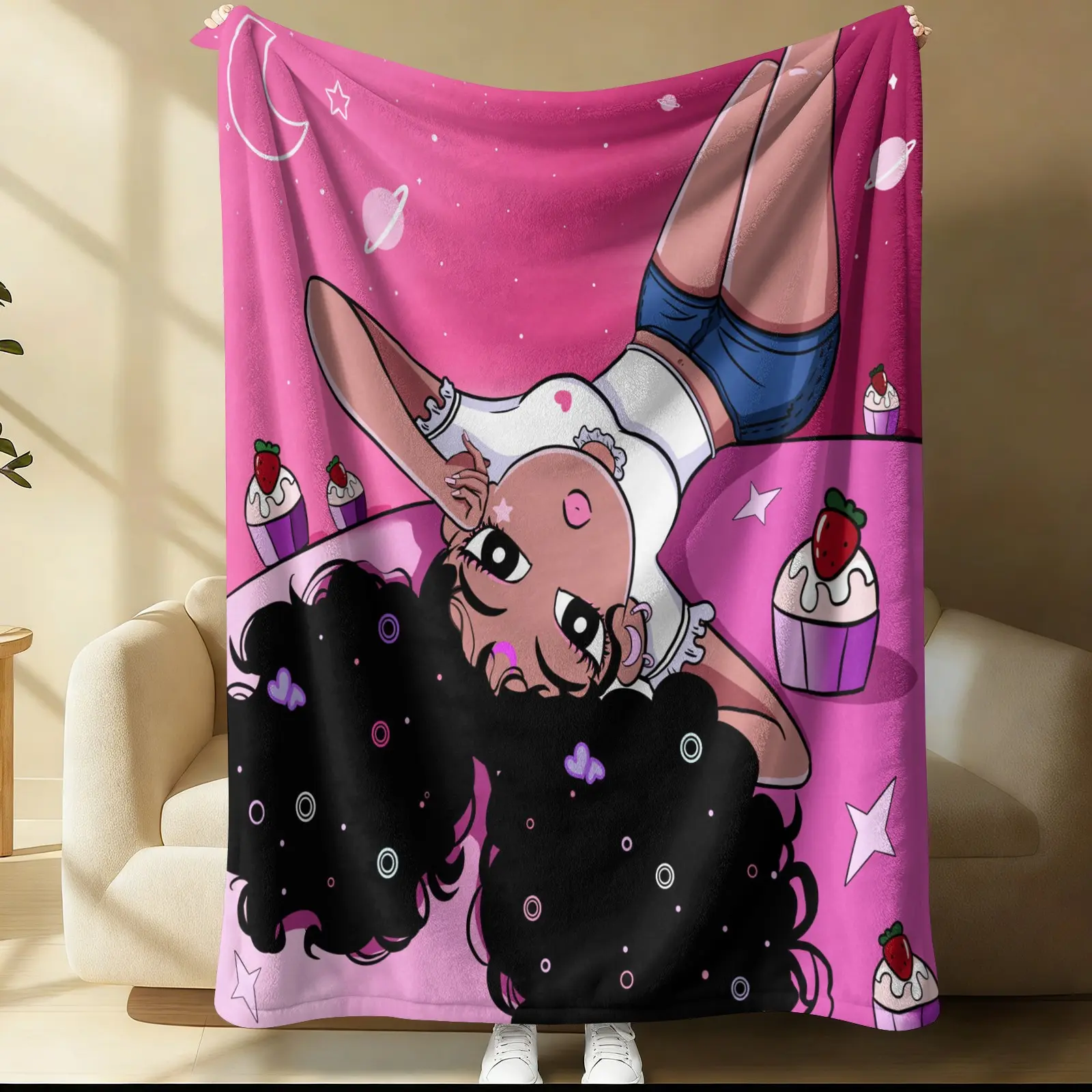 Y2K Cute Black Girl Cartoon Flannel Blanket,Pink Starry Cupcake Print Throw Blanket,Soft Cozy All-Season Warm Blanket,Birthday Gift Blanket for Teen Girls,for Bedroom Couch Dorm Travel Decor,Perfect for Black Girls & Y2K Lovers