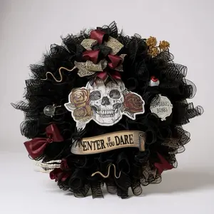 Skull Wreath with "Enter If You Dare" Sign and Floral Accents Black Mesh Design
