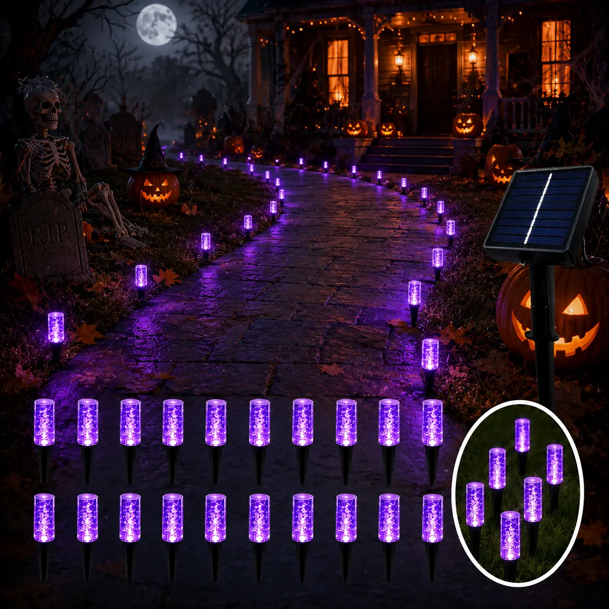 20-LED Purple Solar Pathway Bubble Stake Lights, 8-Mode with Separate Solar Panel, IPX4 Water-Resistant Outdoor Halloween Decor for Walkway, Lawn