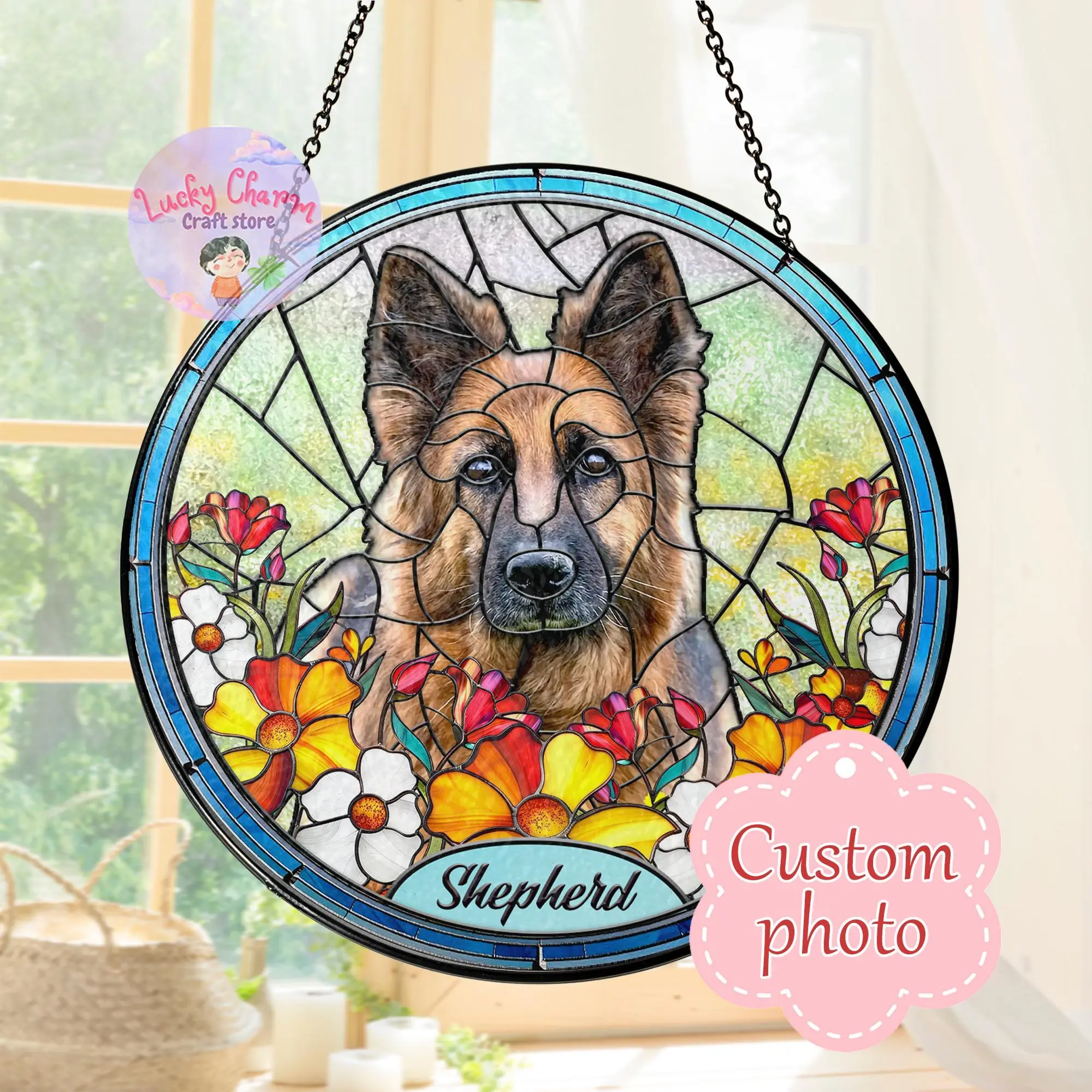 [Made in US] Personalized Stained Glass Pet Portrait Suncatcher, Custom Memorial Keepsake Pet Loss And Sympathy Gift, Custom German Shepherd Portrait Art
