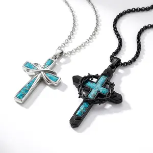Turquoise Cross Pendant Necklaces, 2 Styles Silver & Black Stainless Steel Necklaces, Religious Jewelry for Men & Women