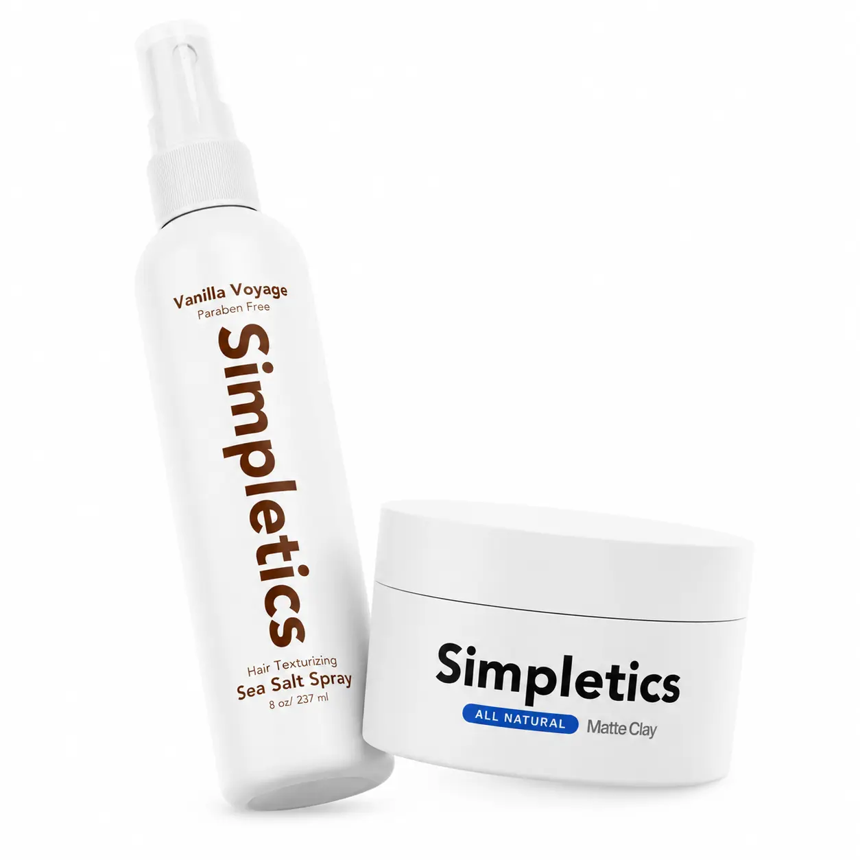Simpletics Control Essentials Haircare Bundle - Vanilla Scent Gentle Hydrating Sea Salt Spray & Matte Hair Clay for Natural Texture, Lightweight Volume, Daily Clean Matte Finish