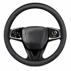 PU Leather Car Steering Wheel Cover with Anti-Slip Grip, for Women and Men, Universal Fit for 14.5-15 Inch Cars, Trucks, SUVs (Red (Round), Medium(Standard) Size[14 1/2''-15''])