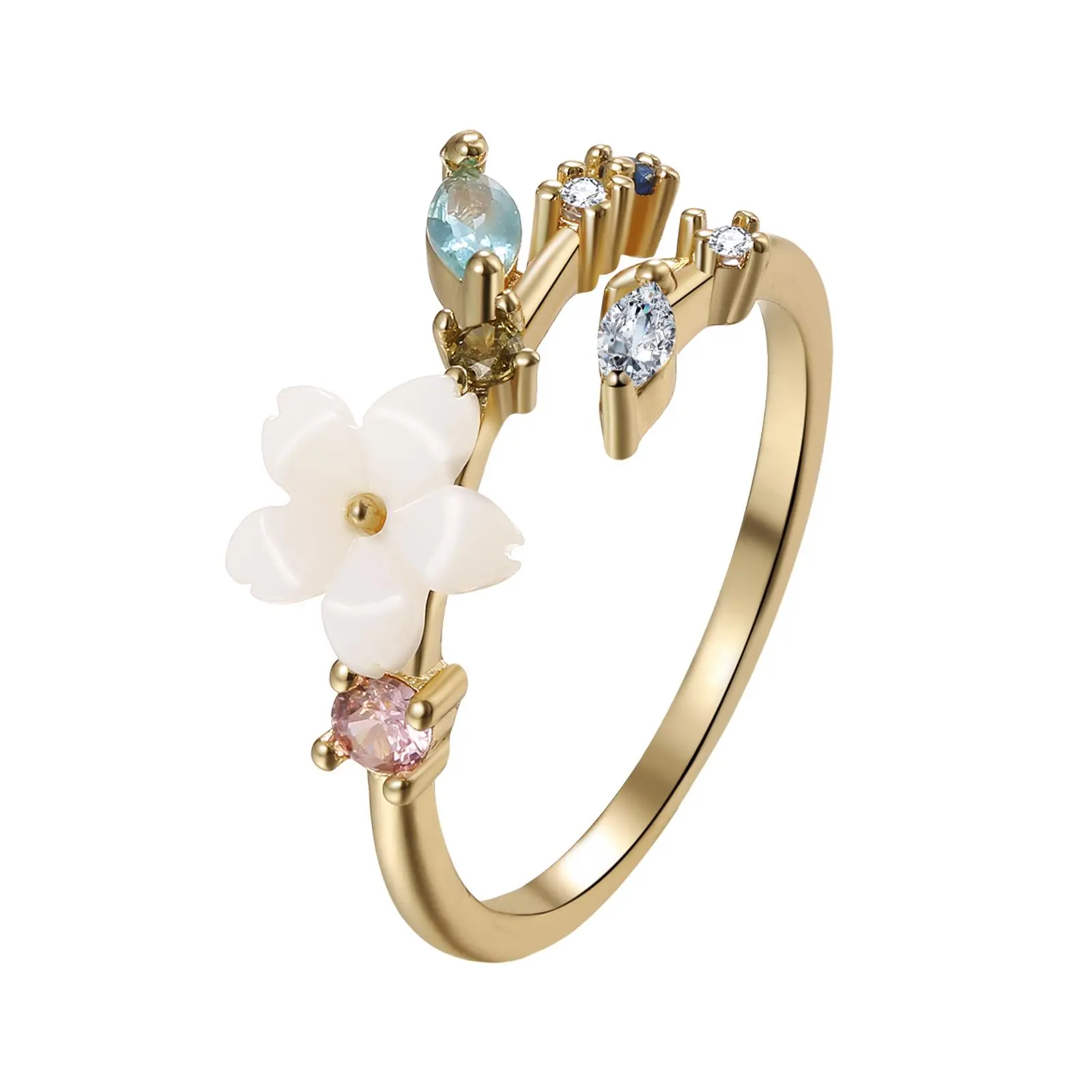OIDEA Women’s Cherry Blossom Band Ring - Adjustable Size 6-10 Brass Base Acrylic Flower Band, Charming Floral Design, Pink Blue Green Zircon Floral Accents, Gold/Rose/Silver Costume Jewelry, Everyday Wear Gift for Women