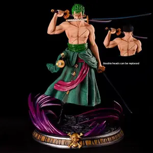One Piece Roronoa Zoro Figure, Three-Sword Style with Interchangeable Heads, Haki Effect Scene Statue, Anime Model Decor，Interchangeable Heads Design, Anime Peripheral Collectible，Desktop Decor Figurine