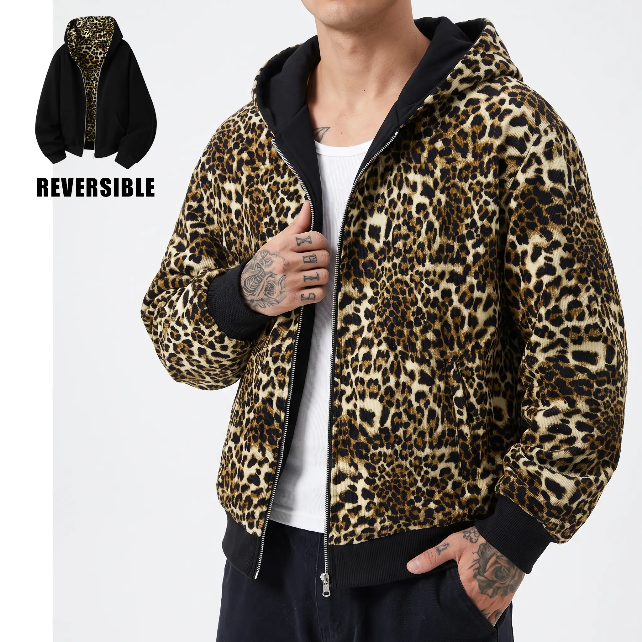 Men's spring/autumn leopard print hooded sweatshirt cardigan, reversible design for a cool sporty look, fashionable color-block outerwear suitable for everyday wear, outings, and parties—an ideal gift choice.